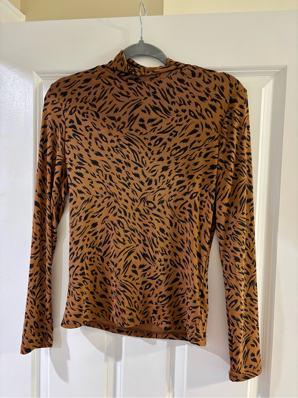 Women's Brown Animal Print Mock Neck Mesh Layering Top